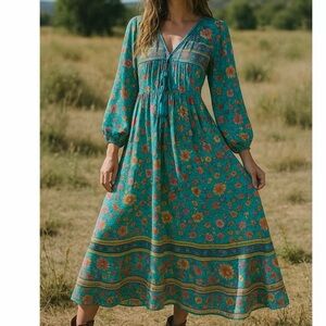 Turquoise aqua folk town dress size small 4/6